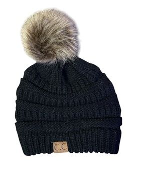 C.C Adult Black Knit Pom Beanie with Faux Fur Pom